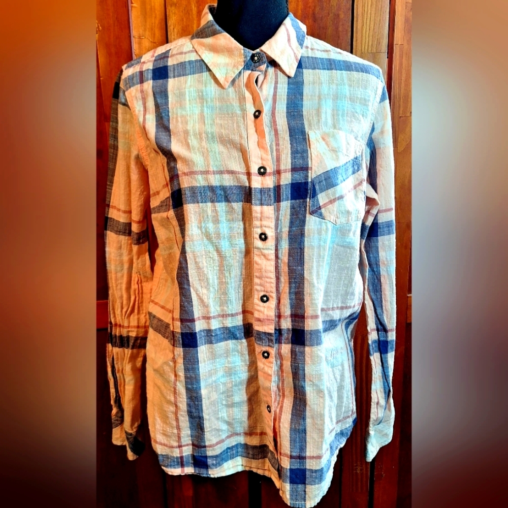 NATURAL REFLECTIONS Peach and Gray Plaid Casual Shirt